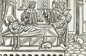Medical History. Doctors with a patient. Engraving. 16th cen