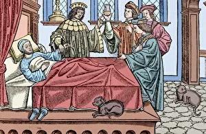 Urine Prints: Medical History. Doctors with a patient. Engraving. 16th cen