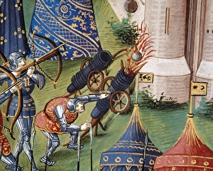 Crossbow Gallery: Medieval army. Soldiers during a siege city. Guns and crossb