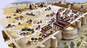 Bricklayer Gallery: Medieval city under construction. Watercolour