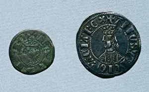 Coins Prints: Medieval coins. Left: Diner tern. Obverse. Alfonso III of Ar