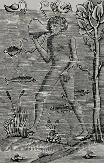 1532 Prints: Medieval diver using bladder to breath. Engraving