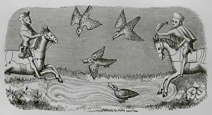 Raptor Prints: Medieval falconers hunting ducks. Engraving after