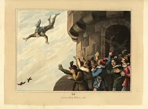 Medieval knight in armour falling to his death from a tower