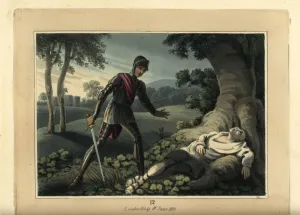 Images Dated 1st October 2019: Medieval knight in armour finds a murdered monk on the road