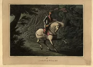 Images Dated 1st October 2019: Medieval knight in armour on horseback lost in a forest