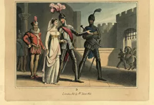 Medieval knight in armour introducing his lady to a knight