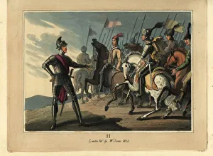 Images Dated 1st October 2019: Medieval knight in armour with troop of mounted knights