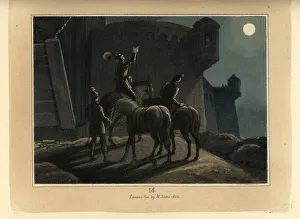 Images Dated 1st October 2019: Medieval knight in armour with troops outside a castle