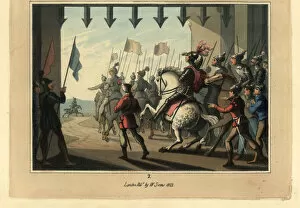 Images Dated 1st October 2019: Medieval knights in armour on horseback under a portcullis