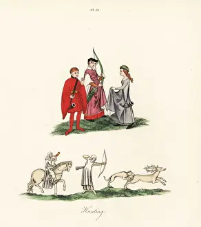 Medieval ladies hunting with bow and arrow