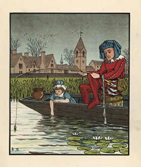 Anachronism Gallery: Medieval man fishing from a boat in a waterlily pond