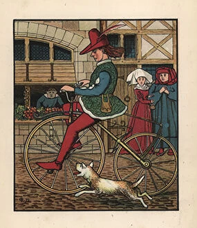 Anachronism Gallery: Medieval man riding a wooden velocipede on a cobbled street