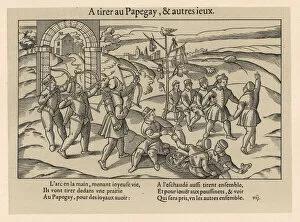 Medieval men playing the archery game of Popinjay