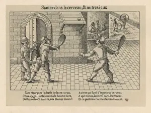 Allemagne Prints: Medieval men playing wall tennis, checkers and hoops