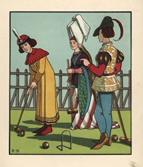 Croquet Gallery: Medieval men and woman playing croquet with mallet and hoops