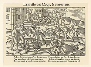 Hens Prints: Medieval peasants watching a cockfight