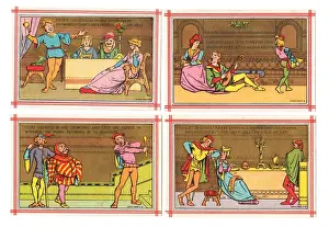 Four medieval scenes on a set of Christmas cards