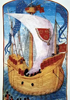 Chantilly Prints: Medieval ship. Carrack. French Navy. Miniature
