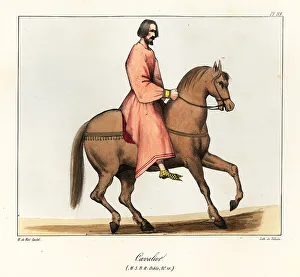 Medieval soldier in long tunic on horseback