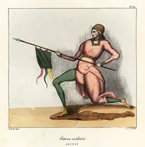 Bossange Prints: Medieval soldier in military costume lunging with lance and penn