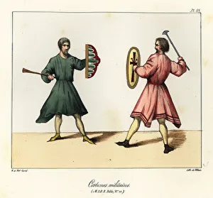 Bossange Prints: Medieval soldiers with axe and shield, tunic and shoes