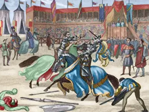 Pike Prints: Medieval tournament. Colored engraving. 19th century