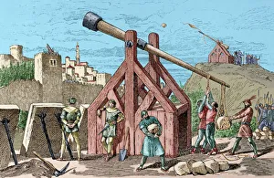 Launching Prints: Medieval war machine. Catapult. Parabolic motion machine
