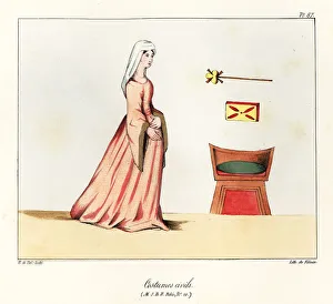 Bossange Prints: Medieval woman in veil and long-sleeved dress, with chair