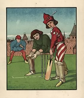 Anachronism Gallery: Medieval youth at bat in a game of cricket on a green
