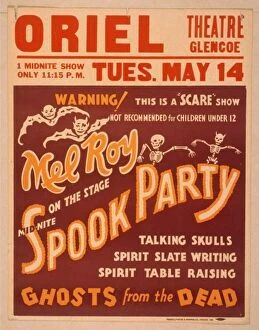Raising Gallery: Mel Roy on the stage mid-nite, spook party talking skulls, s