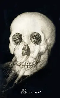 Scary Prints: A memento mori or vanitas trompe l'oeil optical illusion drawing of a couple riding a sledge