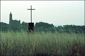 Memorial cross and view of ruined church, Belchite, Spain