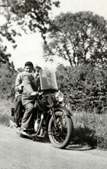 Motorcycles Prints: Two men on 1935 Velocette motorcycle