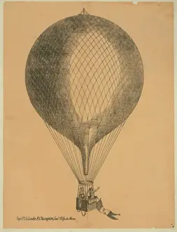 Ascending Prints: Three men in basket of ascending balloon with flag attached