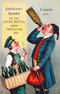 Sparkling Prints: Two men with bottles on a comic German greetings card
