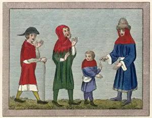 Three men and a boy dressed for travel; one wears a hood Date: 14th century