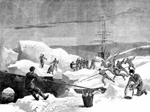 Men of the British Arctic Expedition cutting a channel throu