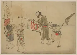 Two men carrying banners and two boys, one blowing into a sh