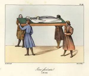 Bossange Prints: Four men carrying a dead body on a bier, funeral scene, 9th cent