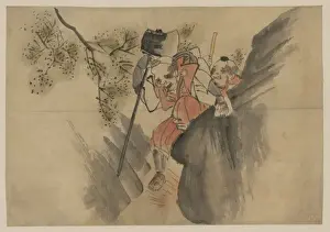 Two men, one carrying a large axe, walking along a narrow mo