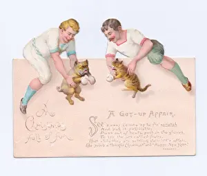 Reluctant Prints: Two men with cat and dog on a cutout Christmas card