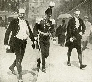 Men in court dress and uniform in a London street