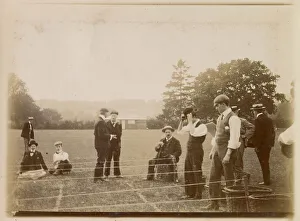 Boaters Prints: Men engaged in sporting activity in a field, possibly in Oxfordshire Date: circa 1890