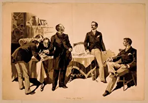 Concern Prints: Men examining ledgers with two men to side, one wearing expr