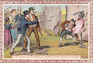 Men at a fairground on a Christmas and New Year card