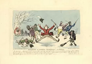 Images Dated 28th February 2019: Men falling on ice skates, another falling through