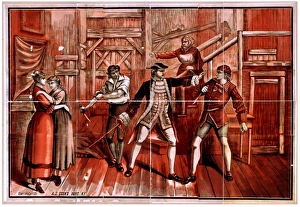 Men fighting with daggers & sword while two women stand to s Men fighting with daggers & sword while two women stand to s