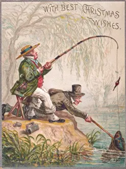 Two men fishing on a comic Christmas card