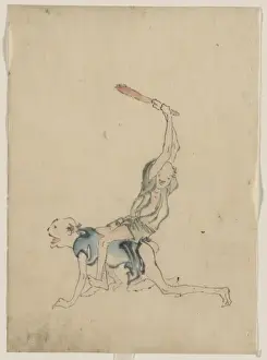 Crawling Prints: Two men, one on his hands and knees crawling, the other is s